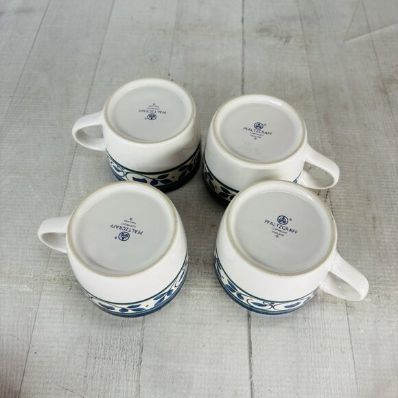 Pfaltzgraff ORLEANS Blue Green Vines Yellow Stoneware Flat 8oz Cups Mugs Set 4 - Picture 8 of 16